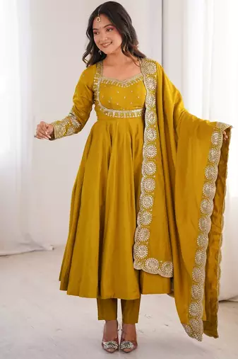 Heavy roman silk embroidery sequnce work mustard readymade ethnic gown