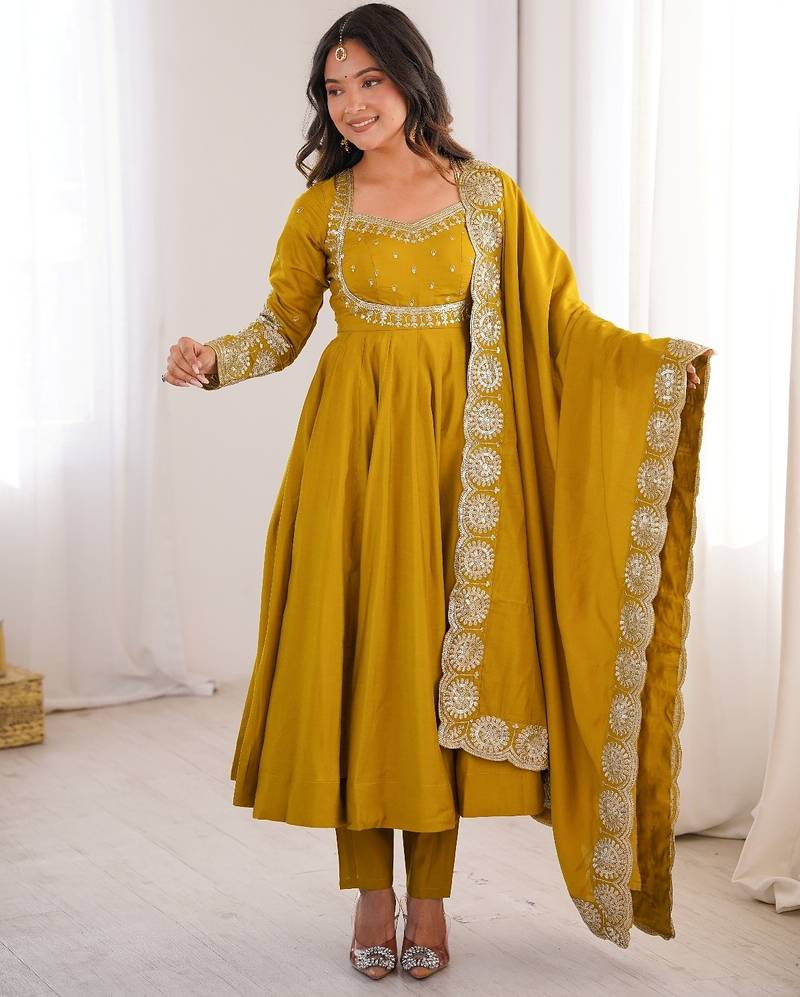 Heavy roman silk embroidery sequnce work mustard readymade ethnic gown