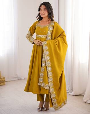 Heavy roman silk embroidery sequnce work mustard readymade ethnic gown 2