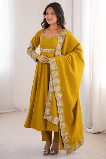 Heavy roman silk embroidery sequnce work mustard readymade ethnic gown