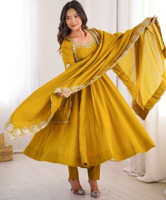 Heavy roman silk embroidery sequnce work mustard readymade ethnic gown 3