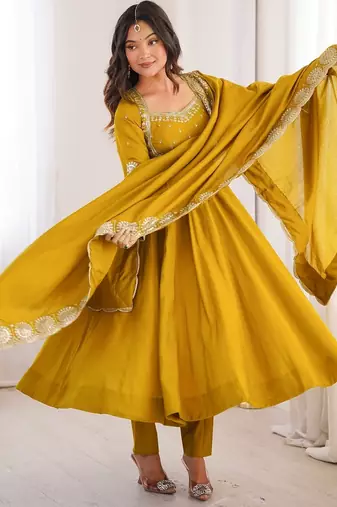 Heavy roman silk embroidery sequnce work mustard readymade ethnic gown