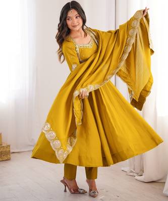 Heavy roman silk embroidery sequnce work mustard readymade ethnic gown 4