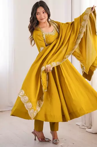 Heavy roman silk embroidery sequnce work mustard readymade ethnic gown