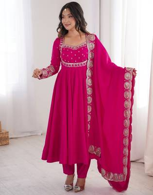 Heavy roman silk embroidery sequnce work rani pink readymade ethnic gown 1