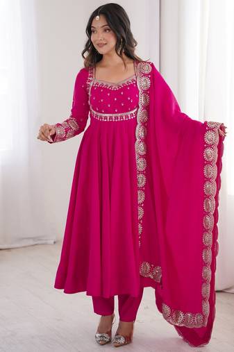 Heavy roman silk embroidery sequnce work rani pink readymade ethnic gown