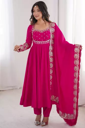 Heavy roman silk embroidery sequnce work rani pink readymade ethnic gown