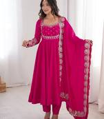Heavy roman silk embroidery sequnce work rani pink readymade ethnic gown