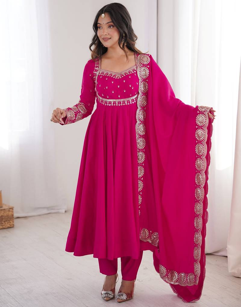 Heavy roman silk embroidery sequnce work rani pink readymade ethnic gown
