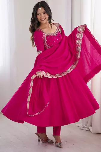Heavy roman silk embroidery sequnce work rani pink readymade ethnic gown