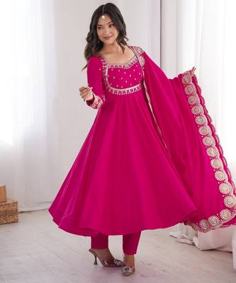 Heavy roman silk embroidery sequnce work rani pink readymade ethnic gown 3