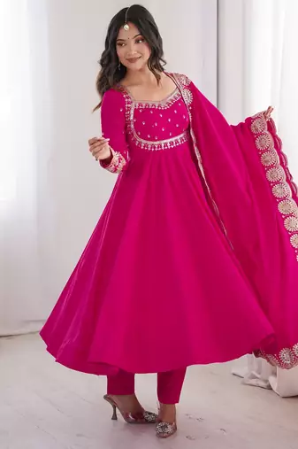 Heavy roman silk embroidery sequnce work rani pink readymade ethnic gown