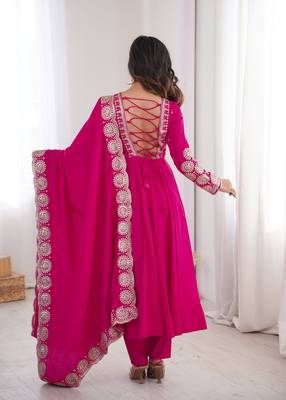 Heavy roman silk embroidery sequnce work rani pink readymade ethnic gown 4