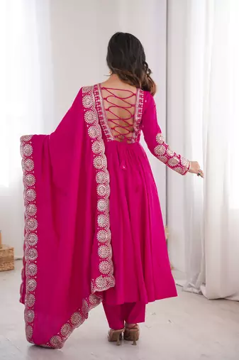 Heavy roman silk embroidery sequnce work rani pink readymade ethnic gown
