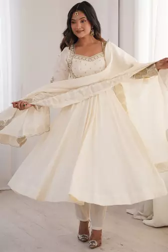 Heavy roman silk embroidery sequnce work white readymade ethnic gown