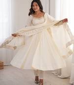 Heavy roman silk embroidery sequnce work white readymade ethnic gown
