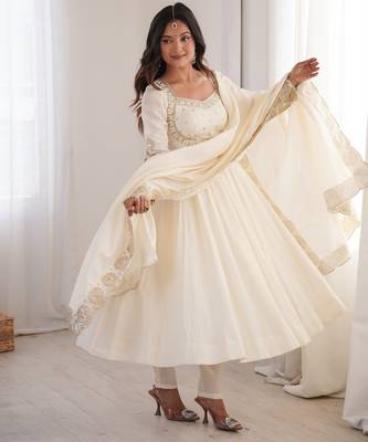 Heavy roman silk embroidery sequnce work white readymade ethnic gown 2