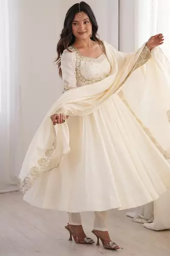 Heavy roman silk embroidery sequnce work white readymade ethnic gown