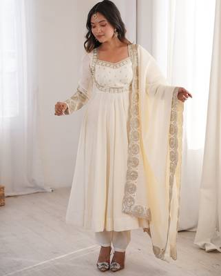 Heavy roman silk embroidery sequnce work white readymade ethnic gown 3