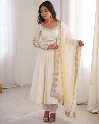 Heavy roman silk embroidery sequnce work white readymade ethnic gown 4