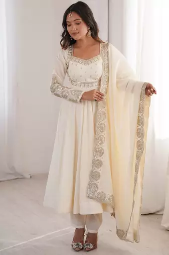 Heavy roman silk embroidery sequnce work white readymade ethnic gown