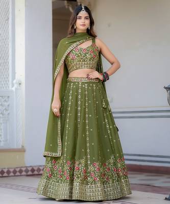 Olive Green Designer Party Wear Lehenga Choli with Embroidery 1