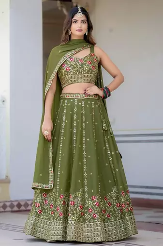 Olive Green Designer Party Wear Lehenga Choli with Embroidery