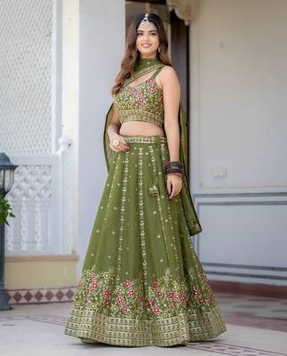 Olive Green Designer Party Wear Lehenga Choli with Embroidery 2