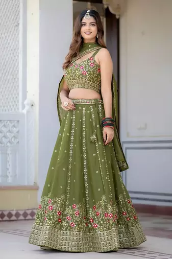 Olive Green Designer Party Wear Lehenga Choli with Embroidery