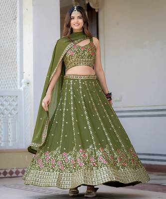 Olive Green Designer Party Wear Lehenga Choli with Embroidery 3