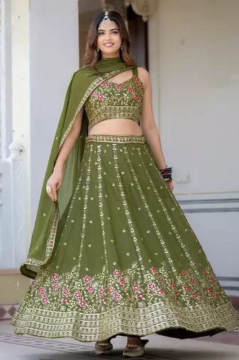 Olive Green Designer Party Wear Lehenga Choli with Embroidery