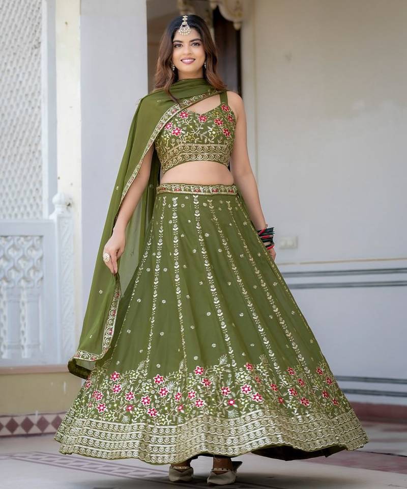 Olive Green Designer Party Wear Lehenga Choli with Embroidery