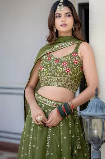 Olive Green Designer Party Wear Lehenga Choli with Embroidery