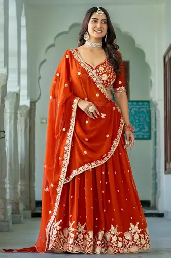 Elegant Rust Embroidered Lehenga Choli