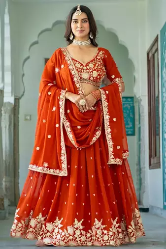 Elegant Rust Embroidered Lehenga Choli