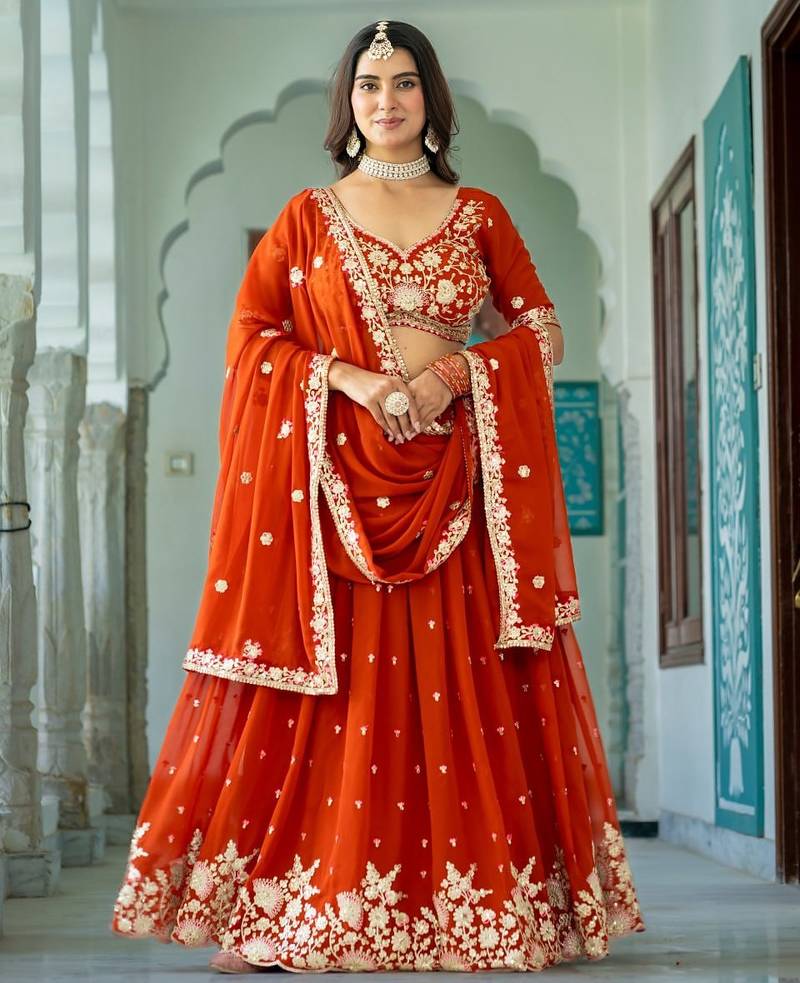 Elegant Rust Embroidered Lehenga Choli