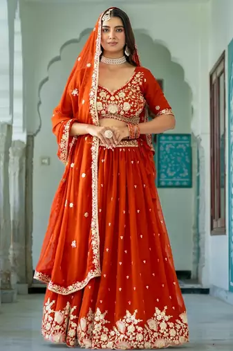 Elegant Rust Embroidered Lehenga Choli