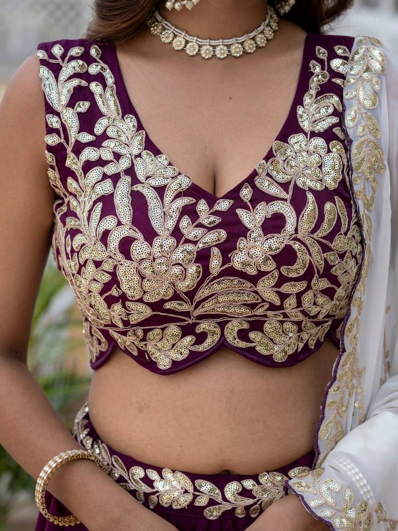 Wine Designer Party Wear Lehenga Choli with Embroidery