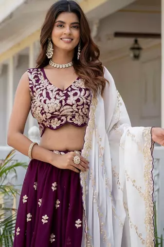 Wine Designer Party Wear Lehenga Choli with Embroidery