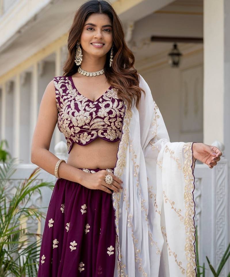 Wine Designer Party Wear Lehenga Choli with Embroidery