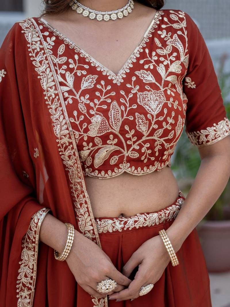 Premium Rust Colour Party Wear Lehenga Chol