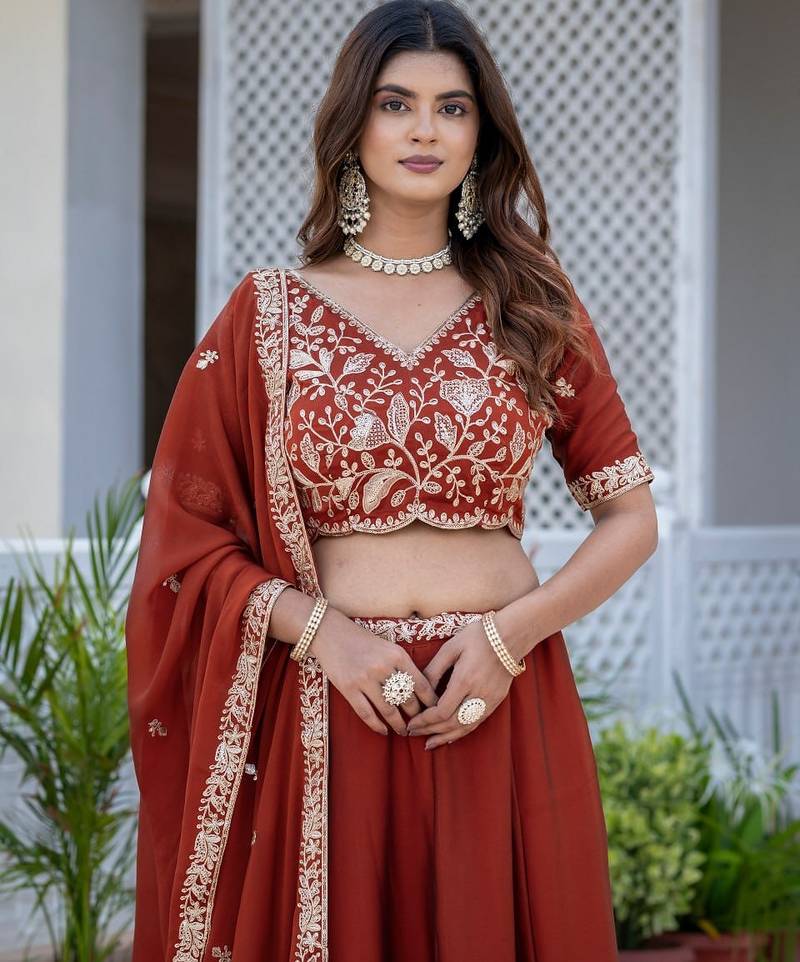Premium Rust Colour Party Wear Lehenga Chol