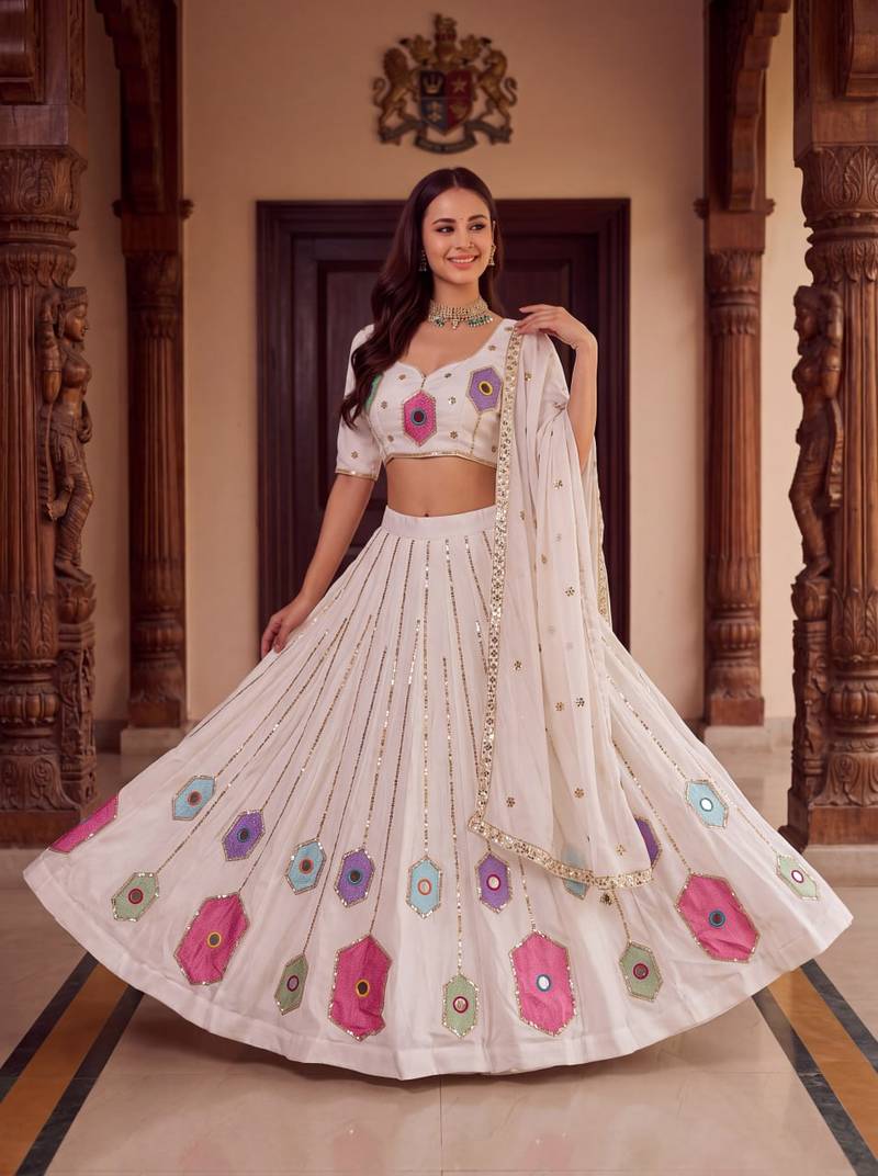 White Designer Party Wear Lehenga Choli with Embroidery