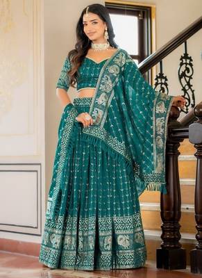Rama Green Designer Party Wear Lehenga Choli with Embroidery 1