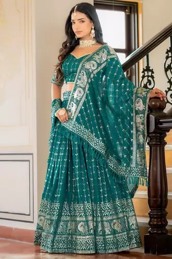 Rama Green Designer Party Wear Lehenga Choli with Embroidery