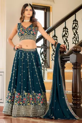 Teal Designer Party Wear Lehenga Choli with Embroidery