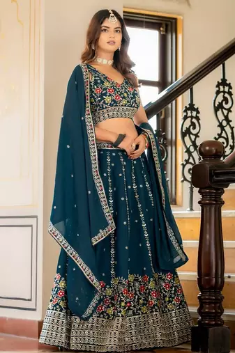 Teal Designer Party Wear Lehenga Choli with Embroidery