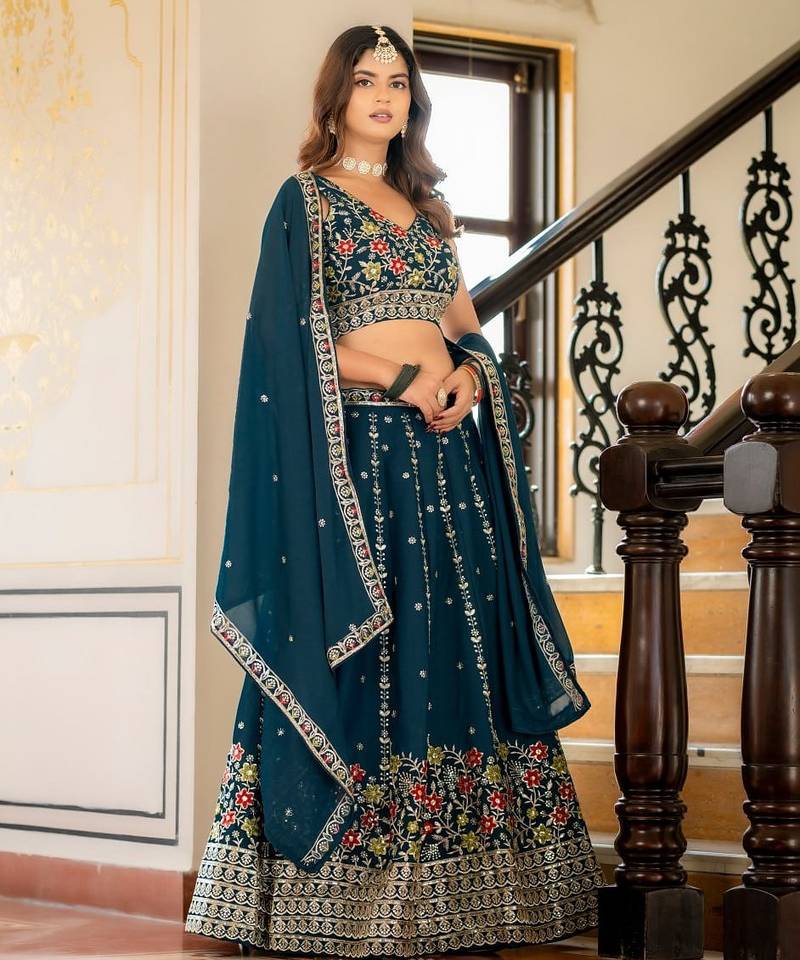 Teal Designer Party Wear Lehenga Choli with Embroidery