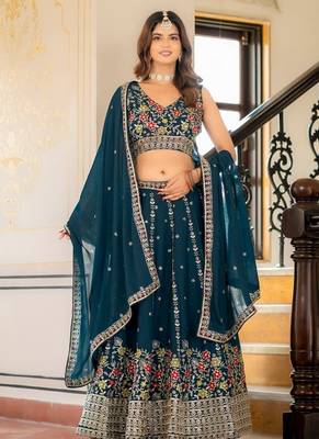 Teal Designer Party Wear Lehenga Choli with Embroidery 3