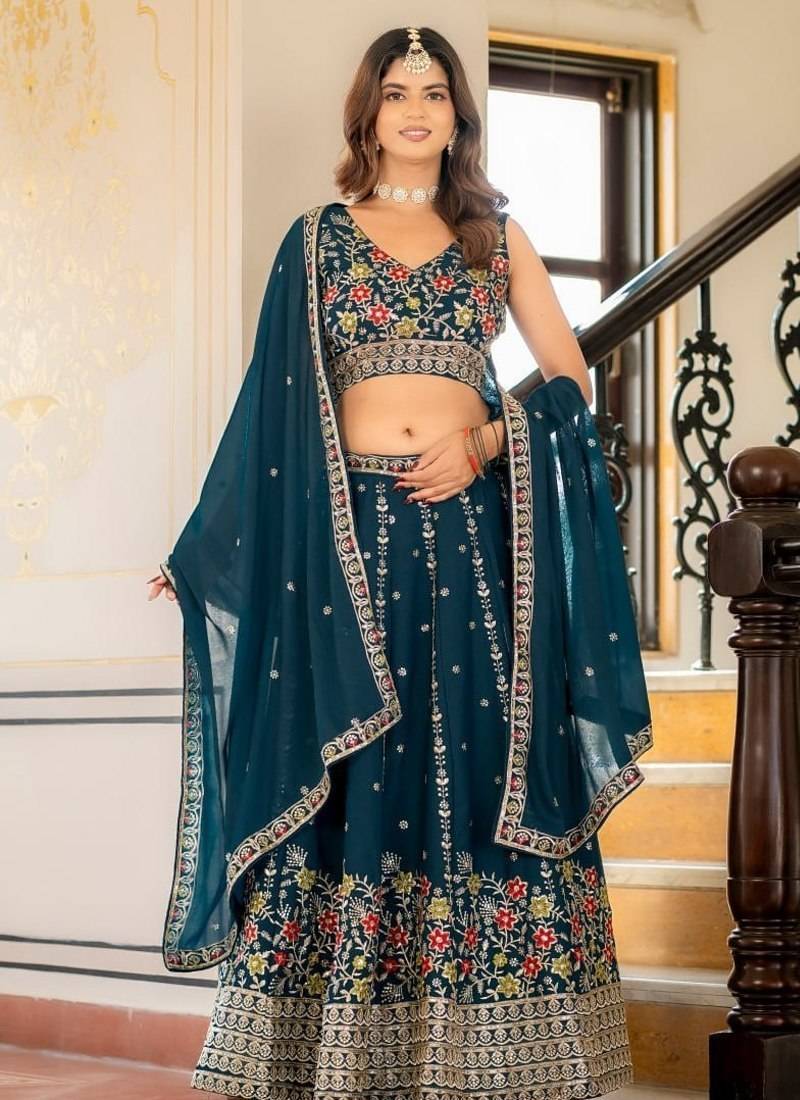 Teal Designer Party Wear Lehenga Choli with Embroidery
